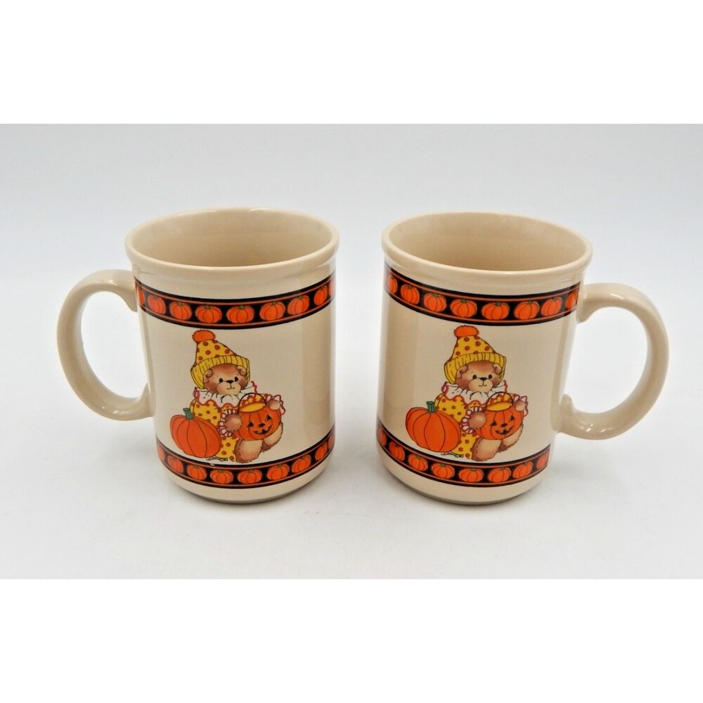 Enesco Lucy and Me 1984 Clown Costume Halloween Pumpkin Border Ceramic Mug Set/2